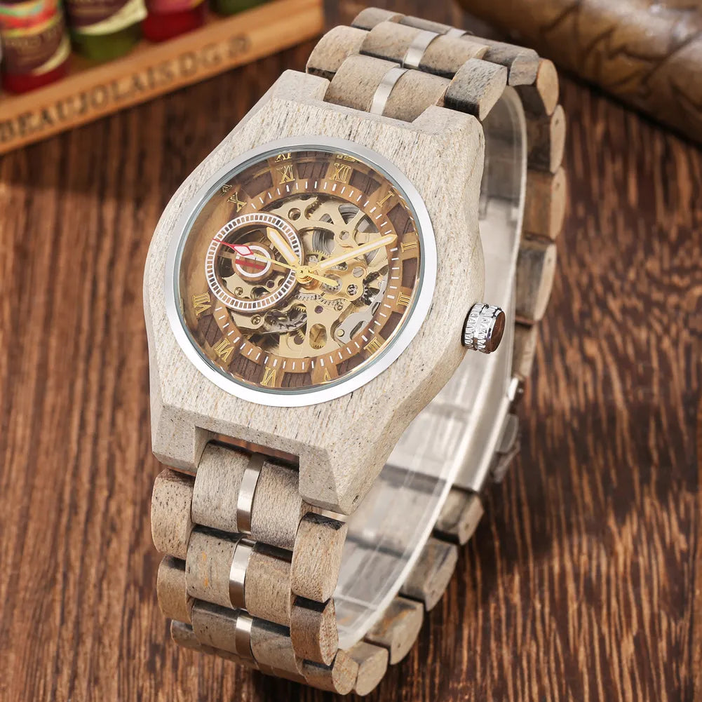 Stylish Retro Wooden Automatic Mechanical Men Watches Roman Numerals Display Stainless Steel Skeleton Self Winding Wristwatches