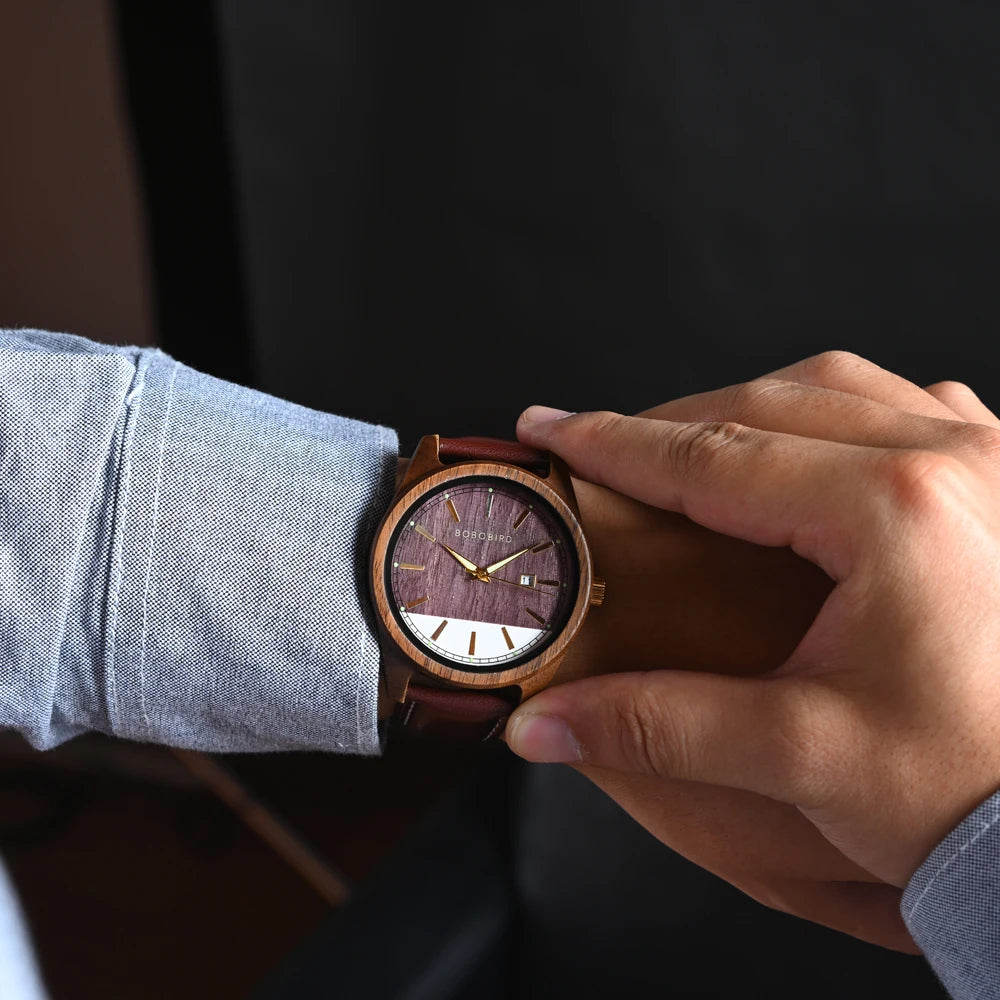 Men's Leather Wristwatch New BOBO BIRD Watch Men Wooden Watches Special Design Japanese Quartz Movement Timepieces Great Gift