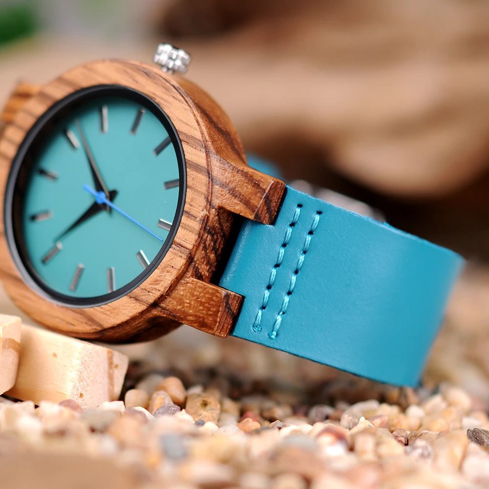 BOBO BIRD Women Watches Zebra Wooden Timepieces Turquoise Blue Leather Men Watch Lovers Gifts Relogio Masculino Drop Shipping