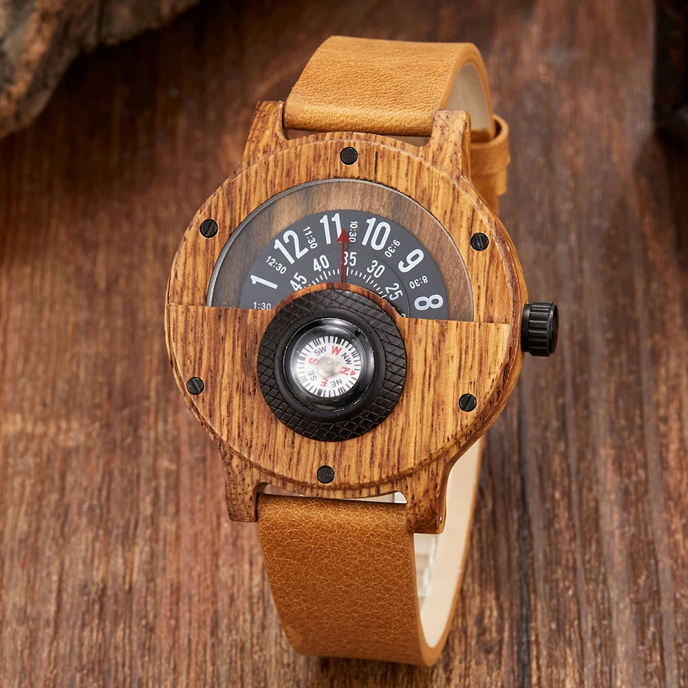 Turntable Compass Creative Wood Watch Men Dial Real Walnut Ebony Bamboo Wooden Watches Man Male Brown Black Clock Wrist Reloj