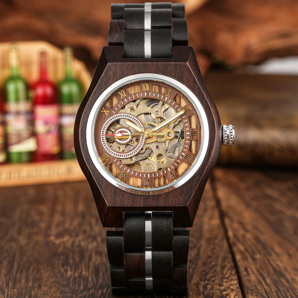 Stylish Retro Wooden Automatic Mechanical Men Watches Roman Numerals Display Stainless Steel Skeleton Self Winding Wristwatches