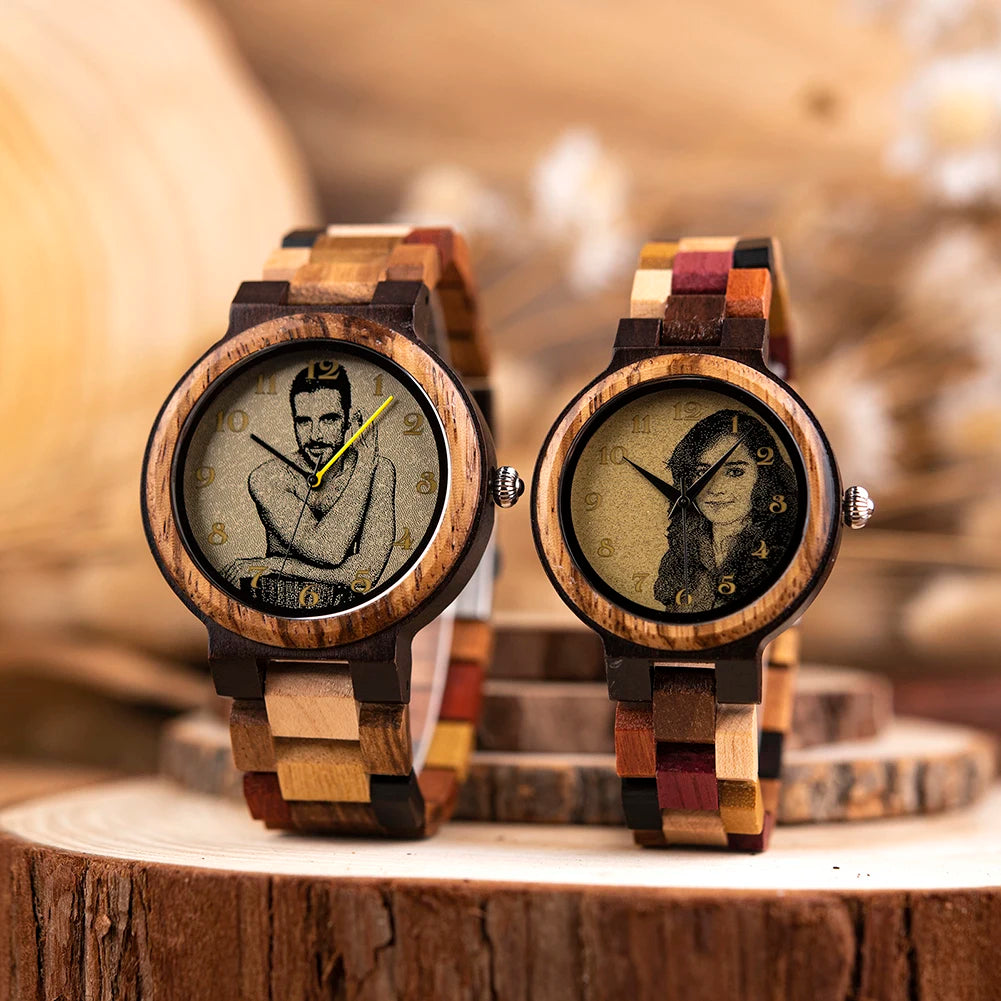 BOBO BIRD Personalized Watch for Men Women Photo Print Wood Wristwatch Birthday Valentine's Day Couple Watches Relogio Mascul