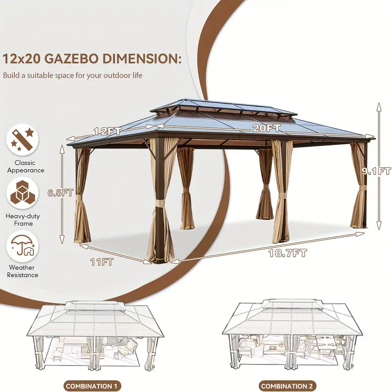 12'x20' Gazebo Polycarbonate Double Roof Canopy with Aluminum Frame, Outdoor Permanent Metal Pavilion with Netting and Curtains for Garden Patio Lawns